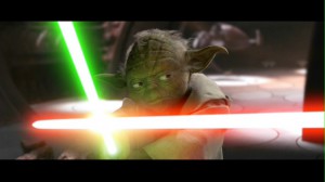 Yoda fight with a light saber in Star Wars: Episode II: Attack of the Clones