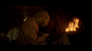 Yoda in his hut in Star Wars: Return of the Jedi