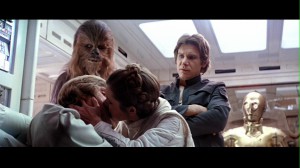 Leia kissing Luke in Star Wars: The Empire Strikes Back