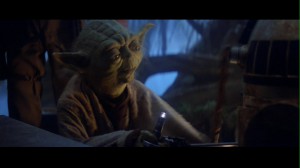 Yoda fighting R2D2 in Star Wars: The Empire Strikes Back