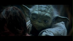 Yoda on Luke's back in Star Wars: The Empire Strikes Back