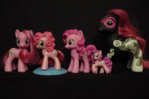 My Little Pony: Friendship is Magic Pinkie Pie Toys shown for scale: Standard Pony, McDonald's Happy Meal Pony, 5 Pony Gift Set Pony, Mini Figurine and classic sized 2008 SDCC Exclusive