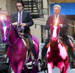 New Blade Runner movie featuring Edward James Olmos and Harrison Ford riding Unicorns