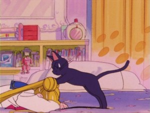 Luna trying to motivate a reluctant Usagi in Sailor Moon