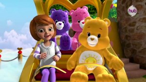 Care Bears Welcome to Care-A-Lot - Human girl, Harmony Bear, Cheer Bear and Funshine Bear
