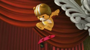 A male Funshine Bear flips a skateboard